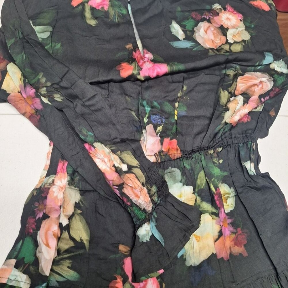 Finley Wrap Belt Dress Black Floral Long Sleeve Lightweight Women Small Tie Wais - Picture 9 of 12